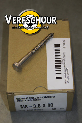 Houtdraadbout inox M8x3.6x80mm 50 stuks 950525