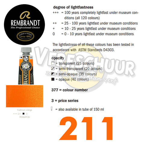 Rembrandt Olieverf tube 40 ml kleur:211 (Cadmiumoranje) serie:4