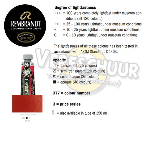 Rembrandt Olieverf tube 40 ml kleur:306 (Cadmiumrood donker) serie:4