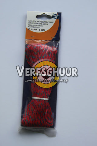 Gevlochten touw 100% PP 2.5mm-20m Kleur ROOD-BLAUW-GROEN