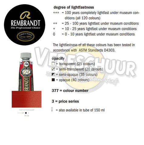Rembrandt Olieverf tube 40 ml kleur:309 (Cadmiumrood purper) serie:4