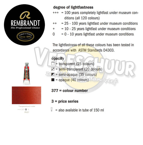 Rembrandt Olieverf tube 40 ml kleur:317 (Transparantrood middel) serie:3