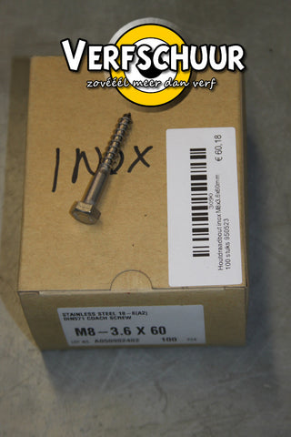 Houtdraadbout inox M8x3.6x60mm 100 stuks 950523